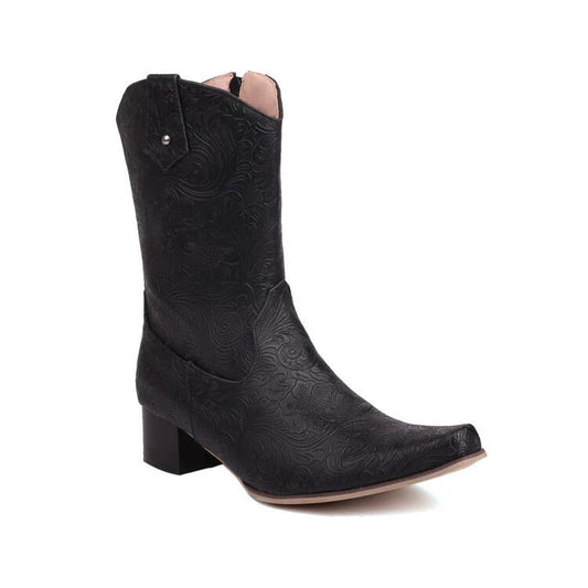 Men's Mid-Calf Boot – Embossed Floral Design – Pointed Toe – Low Block Heel – Zipper Closure