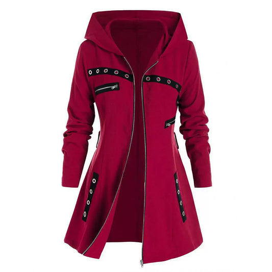 Women’s Hooded Coat – Slim Fit – Asymmetrical Hem – Metallic Zippers – Mid-Thigh Length