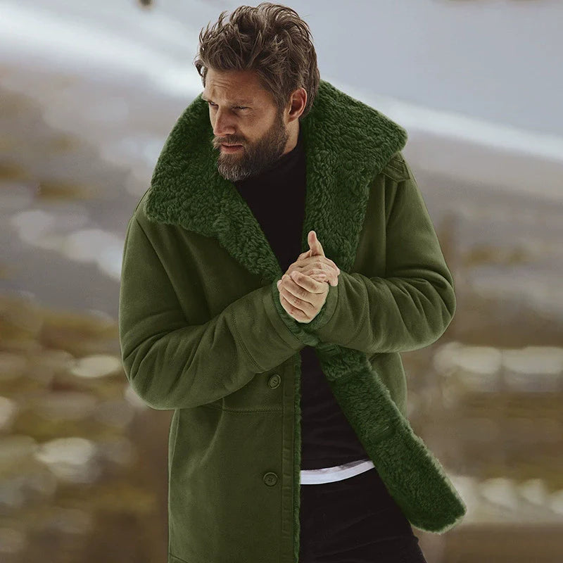 Men’s Overcoat – Relaxed Fit – Wool Blend – Shearling Collar – Button Front – Mid-Thigh