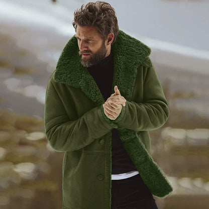 Men’s Overcoat – Relaxed Fit – Wool Blend – Shearling Collar – Button Front – Mid-Thigh