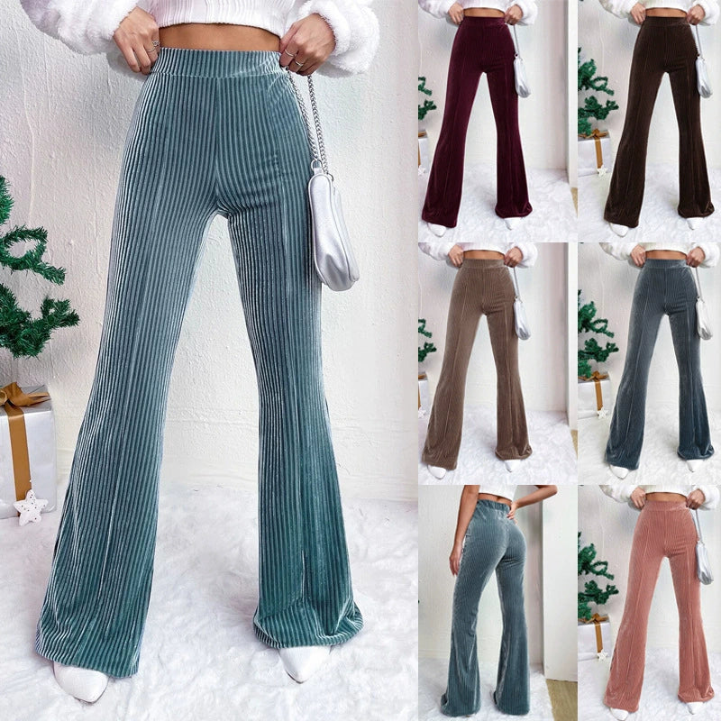 Women’s Flared Pants – High Waist Pull-On Fit – Ribbed Texture – Wide Leg Full Length