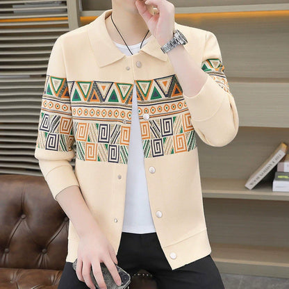 Men’s Knitted Jacket – Slim Fit – Geometric Pattern – Shirt Collar – Button Front