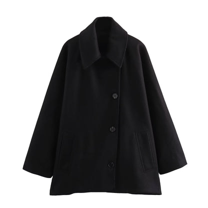 Women’s Wool Jacket – Oversized Fit – Wide Collar – Button Front Medium Length