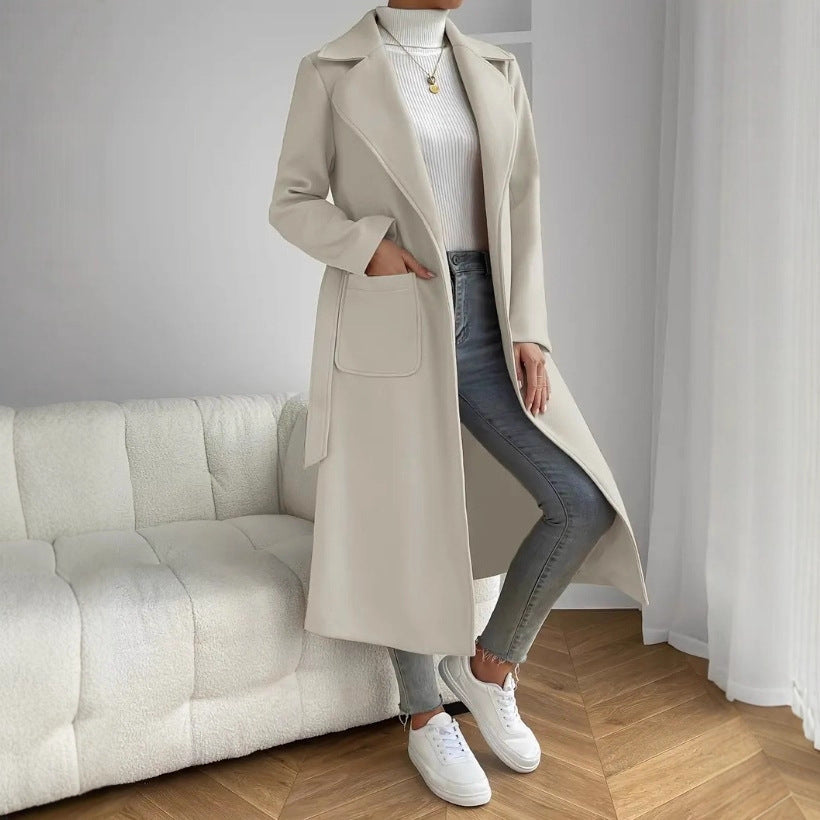 Women’s Long Coat – Relaxed Fit – Wool Blend – Open Front – Notch Lapels – Tie Waist