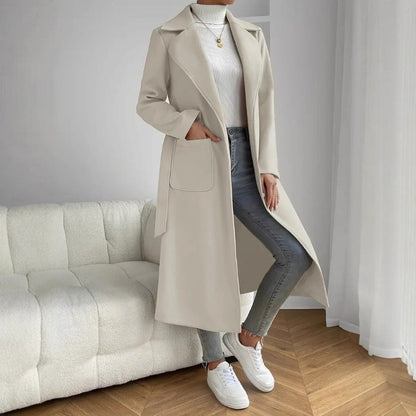 Women’s Long Coat – Relaxed Fit – Wool Blend – Open Front – Notch Lapels – Tie Waist