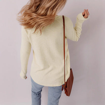 Women’s Long-Sleeve Sweater Top – Relaxed Fit – Waffle Knit – Button Front Casual Style