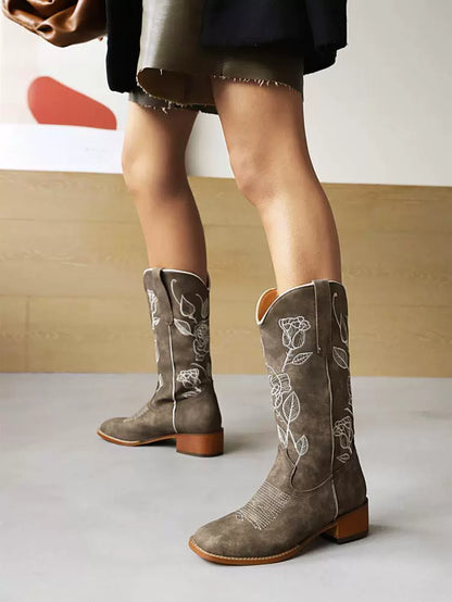 Women’s Mid-Calf Boots – Suede-Like Texture – Embroidered Floral – Low Block Heel