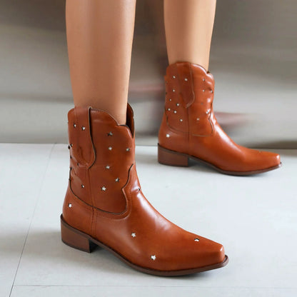Women’s Ankle Boots – Snip Toe – Star Studded – Low Block Heel – Pull-On Western Style