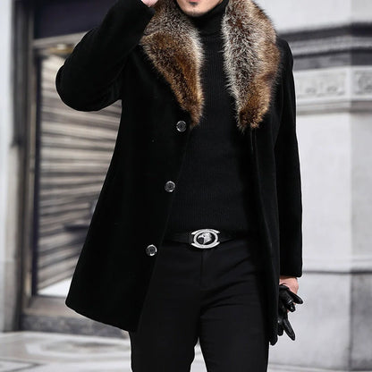 Men’s Mid-Length Coat – Structured Fit – Wool Texture – Shaggy Fur V-Collar – Button Front