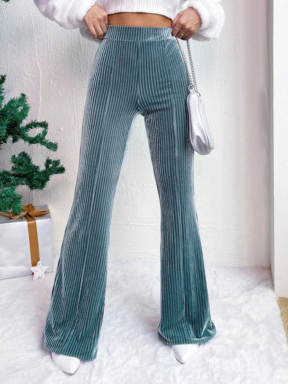 Women’s Flared Pants – High Waist Pull-On Fit – Ribbed Texture – Wide Leg Full Length