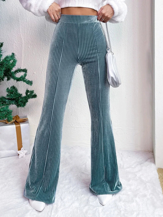 Women’s Flared Pants – High Waist Pull-On Fit – Ribbed Texture – Wide Leg Full Length