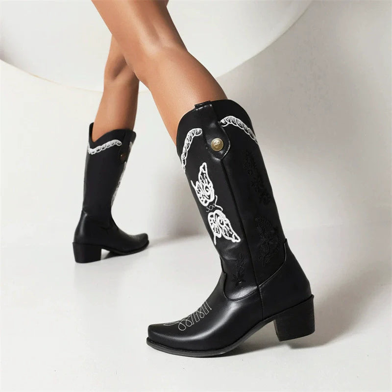 Women’s Western Boots – Mid-Calf Height – Embroidered Floral Detail – Pull-On Style – Block Heel