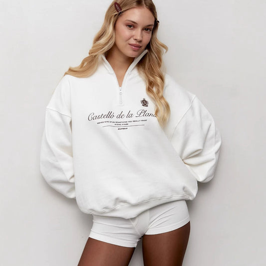Women’s Pullover Sweatshirt – Oversized Fit – Half Zip – Stand Collar – Vintage Graphic