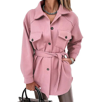 Women’s Mid-Length Jacket – Relaxed Fit – Wool Blend – Belted Waist – Patch Pockets