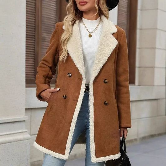 Women’s Mid-Length Coat – Double-Breasted – Faux Suede – Plush Lining – Relaxed Fit