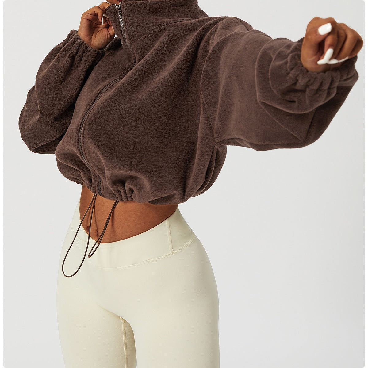 Women’s Cropped Jacket – Plush Fleece Feel – Loose Fit – Stand Collar – Zip Front