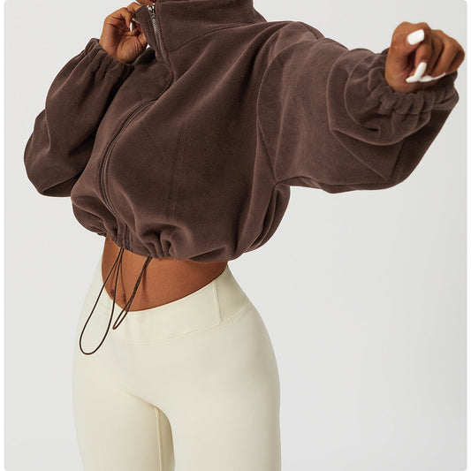 Women’s Cropped Jacket – Plush Fleece Feel – Loose Fit – Stand Collar – Zip Front