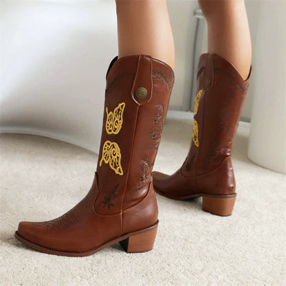 Women’s Western Boots – Mid-Calf Height – Embroidered Floral Detail – Pull-On Style – Block Heel