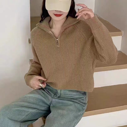 Women’s Pullover Sweatshirts – Wool – Relaxed Fit – High Zip Collar – Ribbed Trim