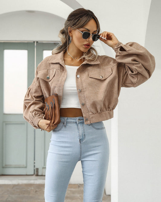 Women’s Cropped Jacket – Corduroy Texture – Lantern Sleeves – Relaxed Fit – Snap Closure