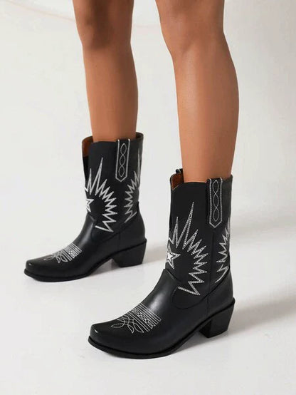 Women’s Western Boots – Leather – Embroidered – Square Toe – Block Heel – Mid-Calf
