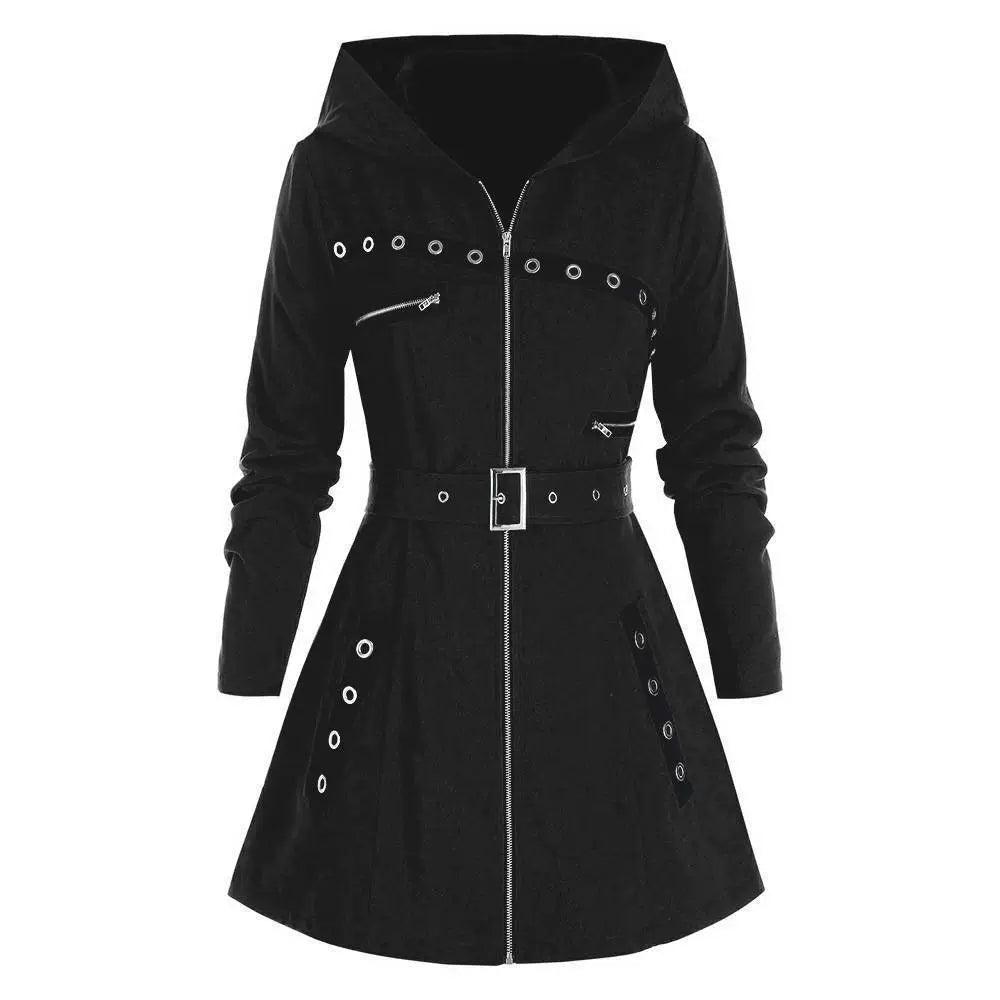 Women’s Hooded Coat – Slim Fit – Asymmetrical Hem – Metallic Zippers – Mid-Thigh Length