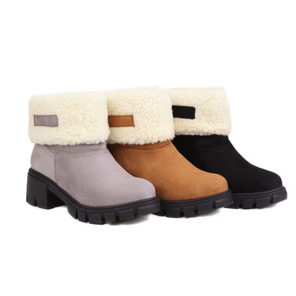 Women’s Ankle Boots – Block Heel – Plush Fold-Over Cuff – Lug Sole – Pull-On Fit