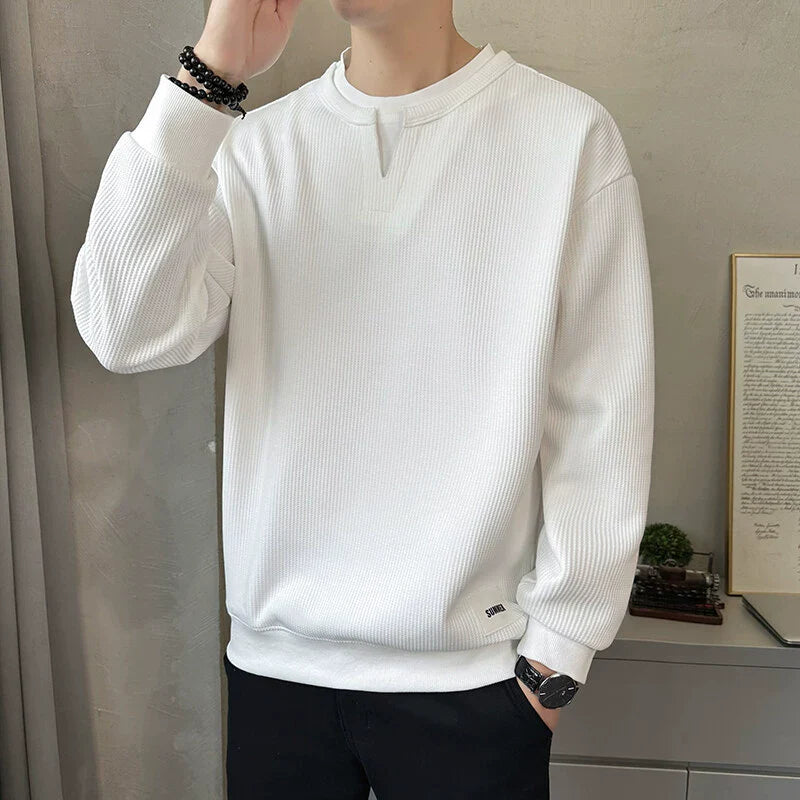 Men’s Sweatshirt – Relaxed Fit – Waffle Knit – Layered V-Notch Collar – Ribbed Trim