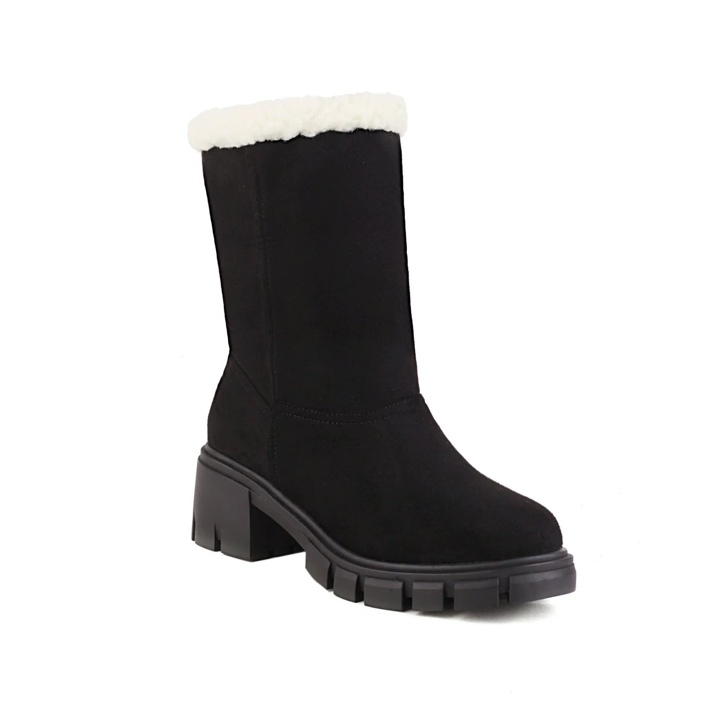 Women’s Ankle Boots – Block Heel – Plush Fold-Over Cuff – Lug Sole – Pull-On Fit