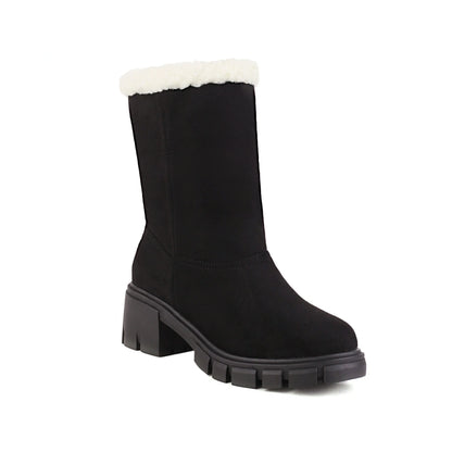 Women’s Ankle Boots – Block Heel – Plush Fold-Over Cuff – Lug Sole – Pull-On Fit
