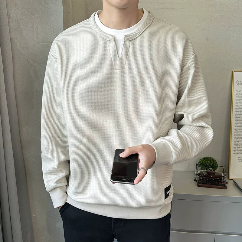 Men’s Sweatshirt – Relaxed Fit – Waffle Knit – Layered V-Notch Collar – Ribbed Trim