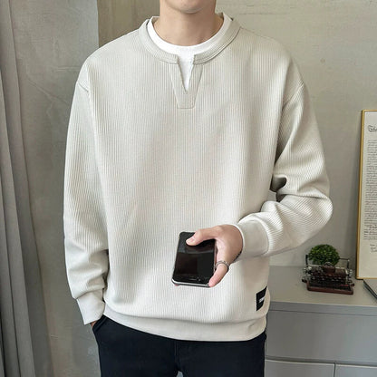 Men’s Sweatshirt – Relaxed Fit – Waffle Knit – Layered V-Notch Collar – Ribbed Trim
