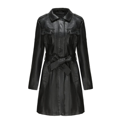 Women’s Medium-Length Coat – Structured Fit – Leather-Like Finish – Zipper & Pockets