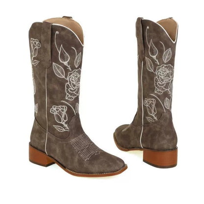 Women’s Mid-Calf Boots – Suede-Like Texture – Embroidered Floral – Low Block Heel