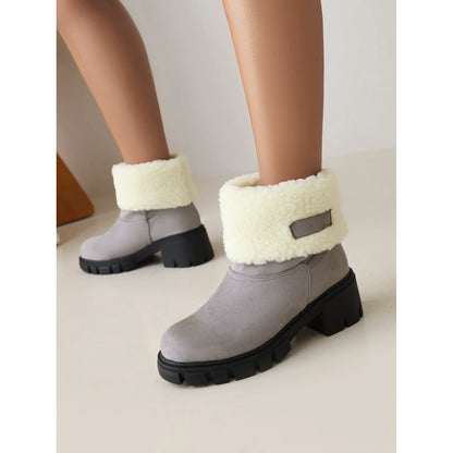Women’s Ankle Boots – Block Heel – Plush Fold-Over Cuff – Lug Sole – Pull-On Fit