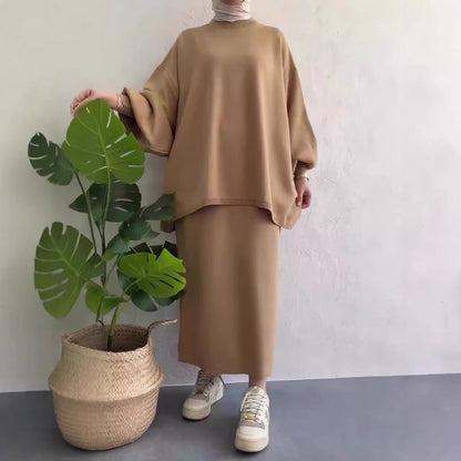 Women’s Knit Sweater and Skirt Set – Relaxed Fit – Wool Blend – Midi Length Skirt