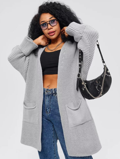 Women’s Cardigan – Oversized Fit – Knitted Wool-Like Fabric – Open Front – Front Pockets