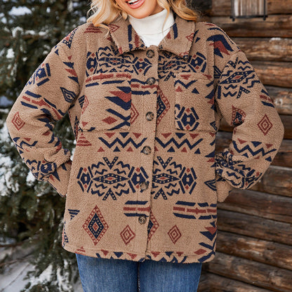 Women’s Jacket – Oversized Fit – Fuzzy Texture – Geometric Pattern – Lapel Collar – Button Front