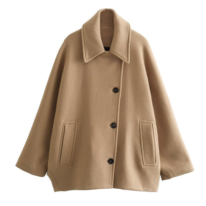 Women’s Wool Jacket – Oversized Fit – Wide Collar – Button Front Medium Length