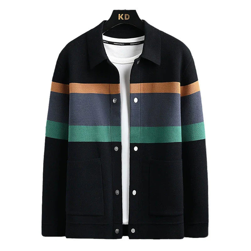 Men’s Knitted Jacket – Slim Fit – Geometric Pattern – Shirt Collar – Button Front