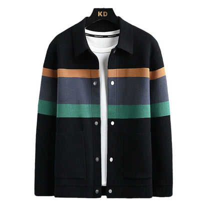 Men’s Knitted Jacket – Slim Fit – Geometric Pattern – Shirt Collar – Button Front