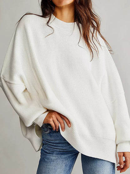 Women’s Pullover Knit Sweater – Oversized Fit – Textured Finish – Side Slits – Crew Neck