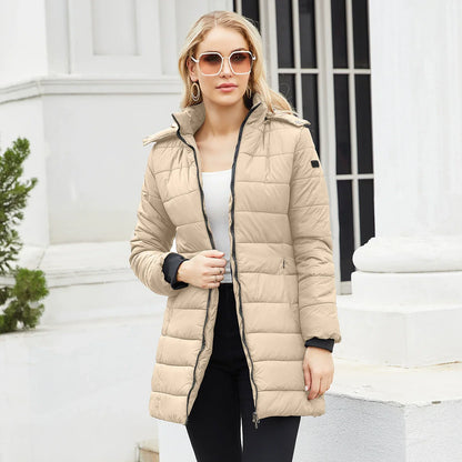 Women’s Puffer Jacket – Quilted Insulation – Detachable Hood – Mid-Length Fit