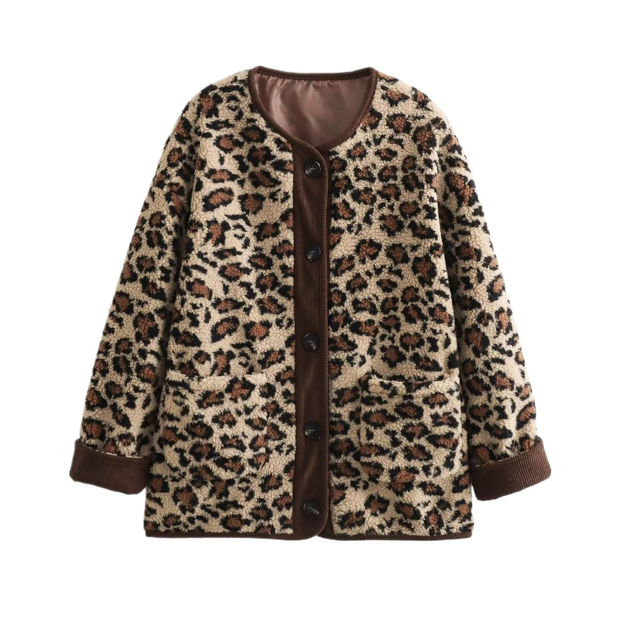 Women’s Jacket – Oversized Fit – Faux Fur Texture – Animal Print – Button Front