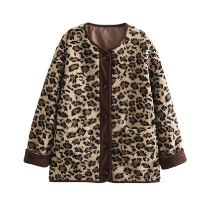 Women’s Jacket – Oversized Fit – Faux Fur Texture – Animal Print – Button Front