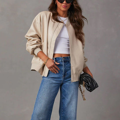 Women’s Leather Jacket – Oversized Fit – Ribbed Trim – Zip Front – Casual Layering