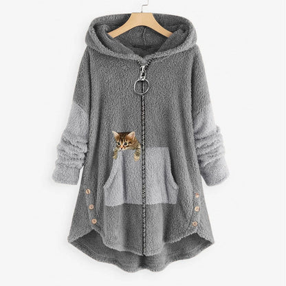 Women’s Hooded Jacket – Oversized Fit – Plush Texture – Kangaroo Pocket – Cat Graphic