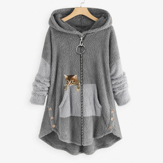Women’s Hooded Jacket – Oversized Fit – Plush Texture – Kangaroo Pocket – Cat Graphic