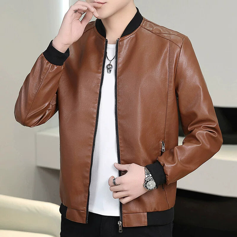 Men’s Bomber Jacket – Slim Fit – Faux Leather – Full Zip – Ribbed Collar and Cuffs