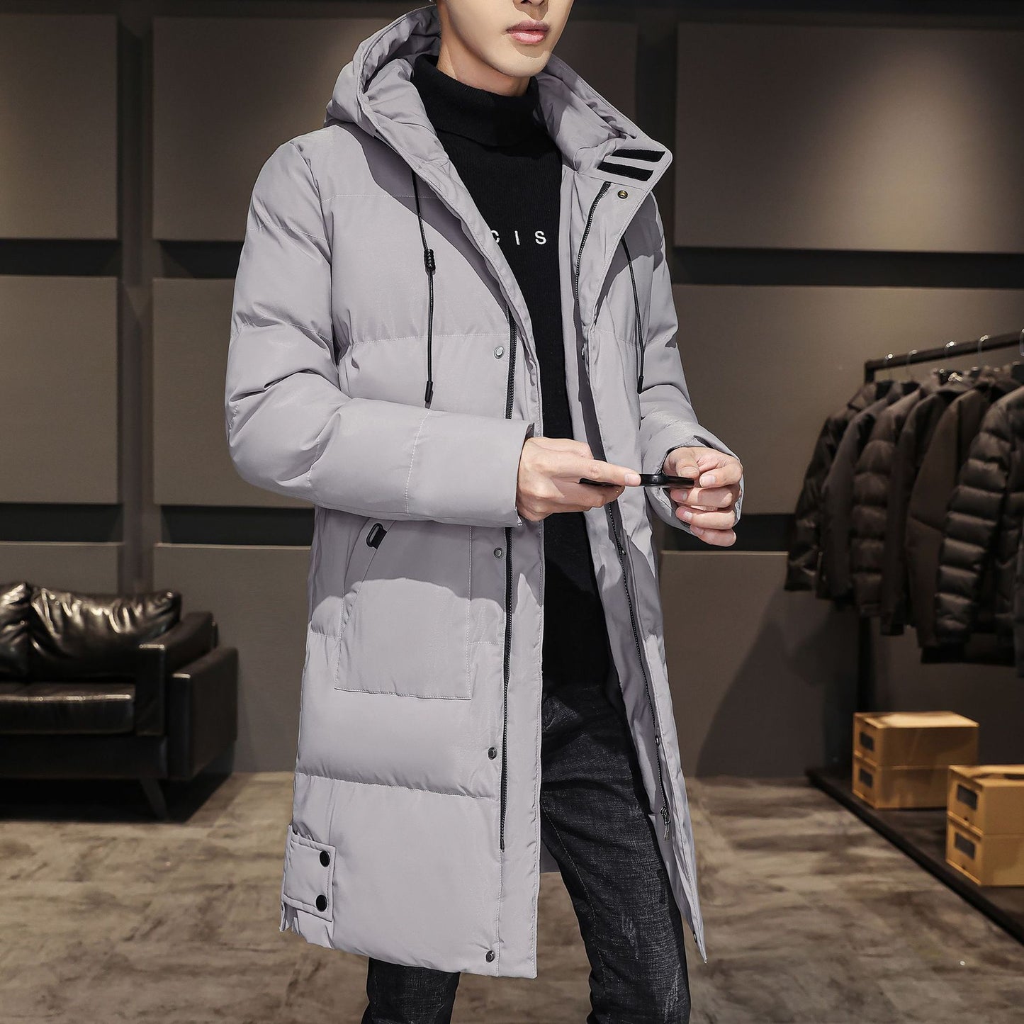 Men’s Long Jacket – Quilted Insulation – Hooded – Ribbed Cuffs – Regular Fit